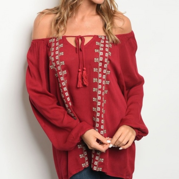 Brandi Burgundy Off the Shoulder Top - Picture 1 of 2